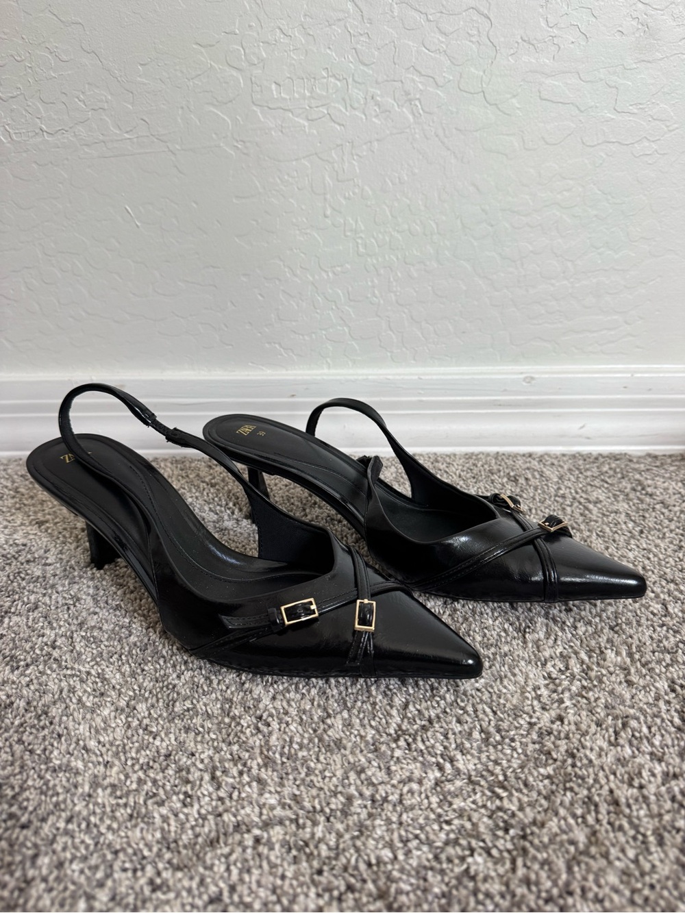 Zara Black Patent Pointed Slingback Heels with Gold Buckles